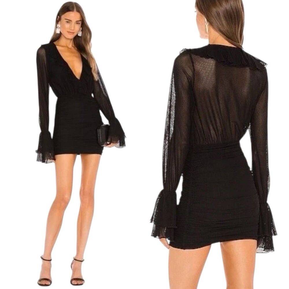 Michael Costello x REVOLVE Mavis Mini Dress Sz M Sheer Ruffle Long Sleeve Black